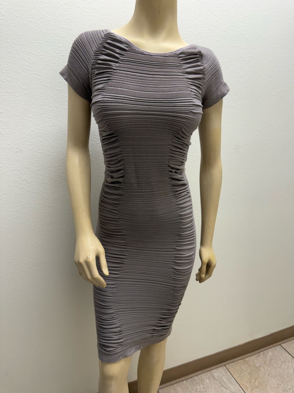 Aura Ruched Short-Sleeve Midi Dress in Taupe